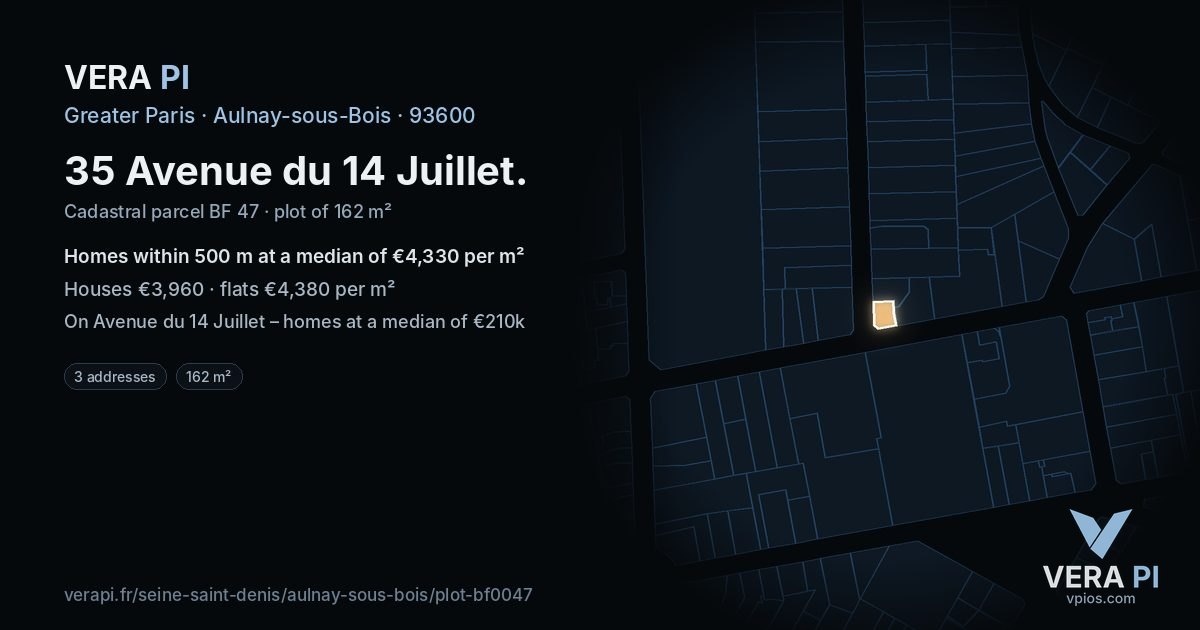 35 Avenue du 14 Juillet, Aulnay-sous-Bois at night – the plot lit, the parcels around coloured by the prices near them