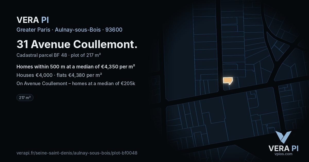 31 Avenue Coullemont, Aulnay-sous-Bois at night – the plot lit, the parcels around coloured by the prices near them