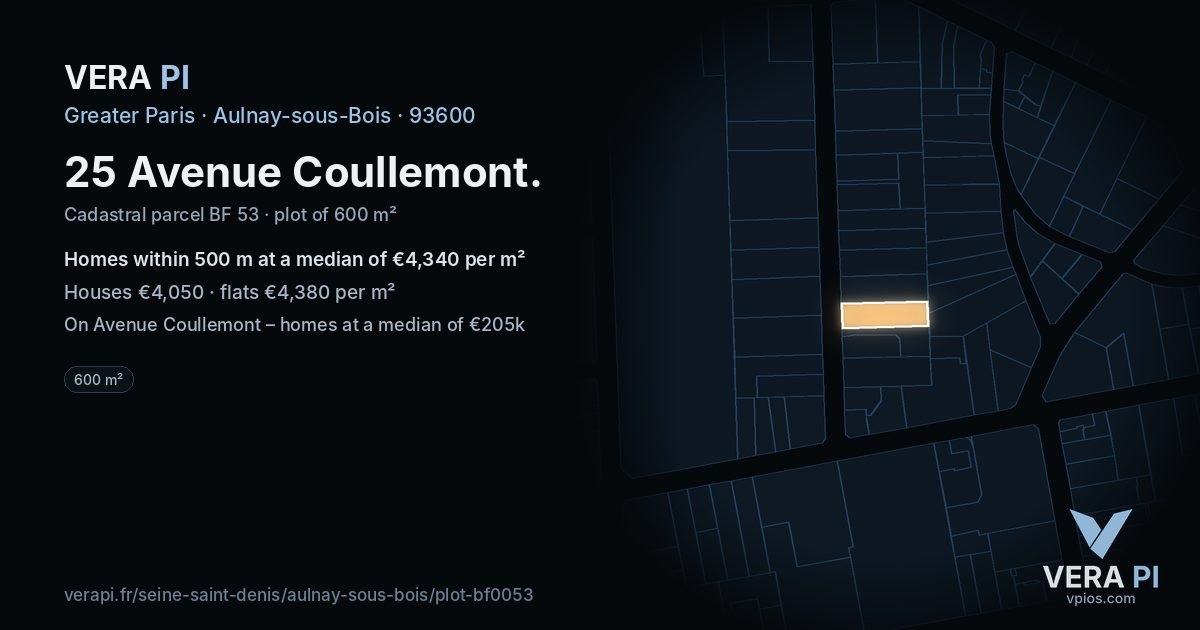 25 Avenue Coullemont, Aulnay-sous-Bois at night – the plot lit, the parcels around coloured by the prices near them