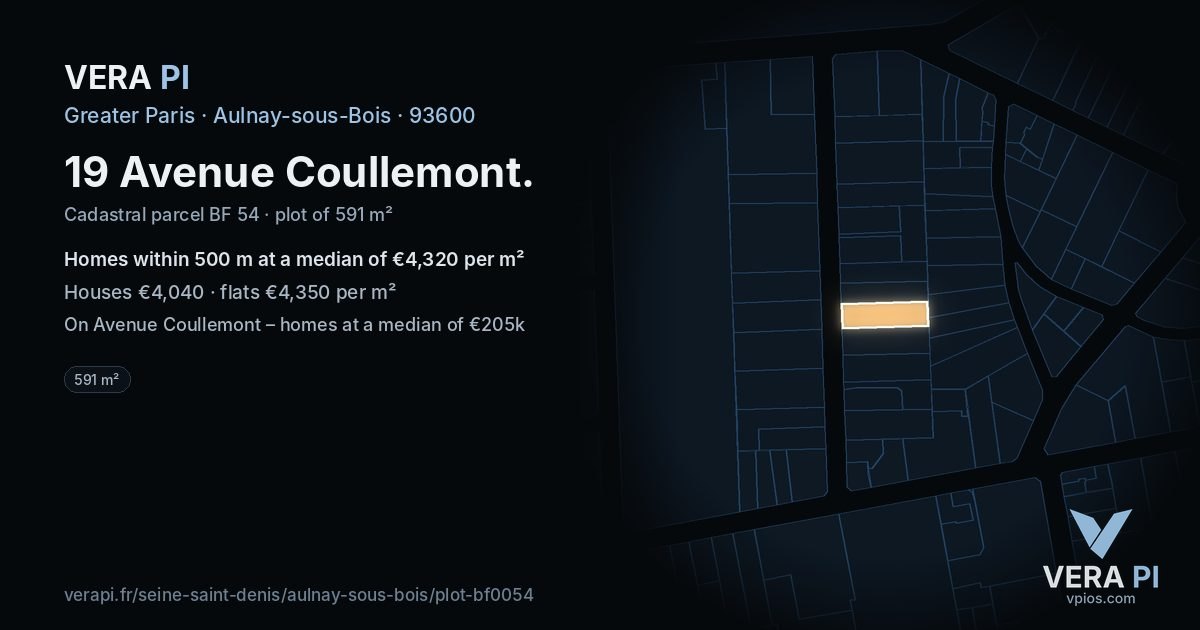 19 Avenue Coullemont, Aulnay-sous-Bois at night – the plot lit, the parcels around coloured by the prices near them