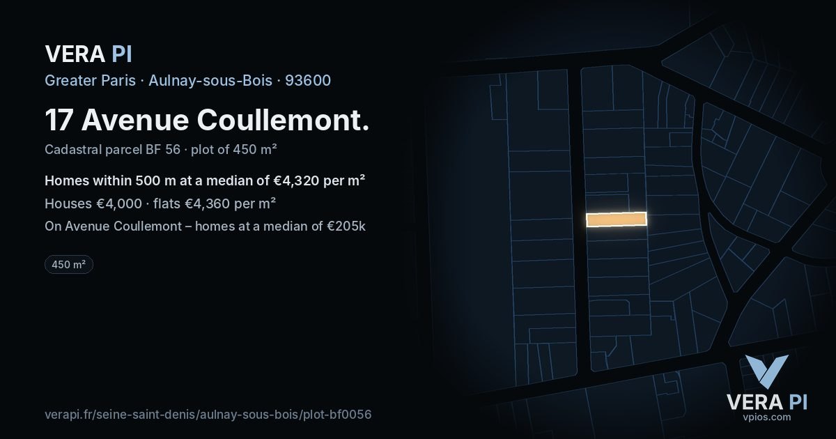 17 Avenue Coullemont, Aulnay-sous-Bois at night – the plot lit, the parcels around coloured by the prices near them