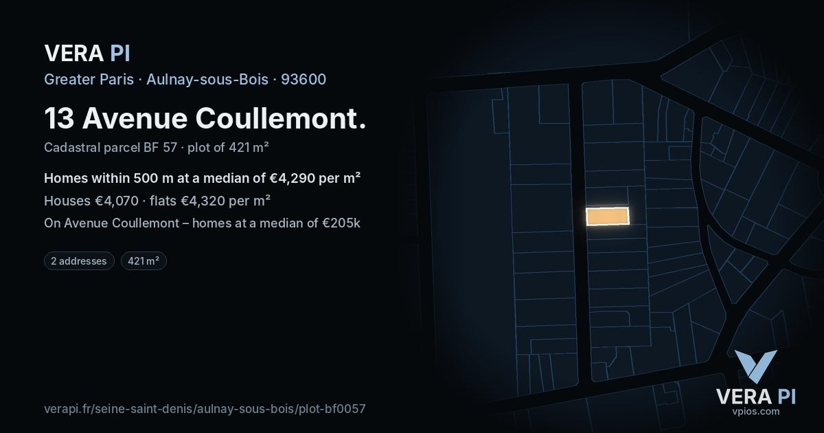13 Avenue Coullemont, Aulnay-sous-Bois at night – the plot lit, the parcels around coloured by the prices near them