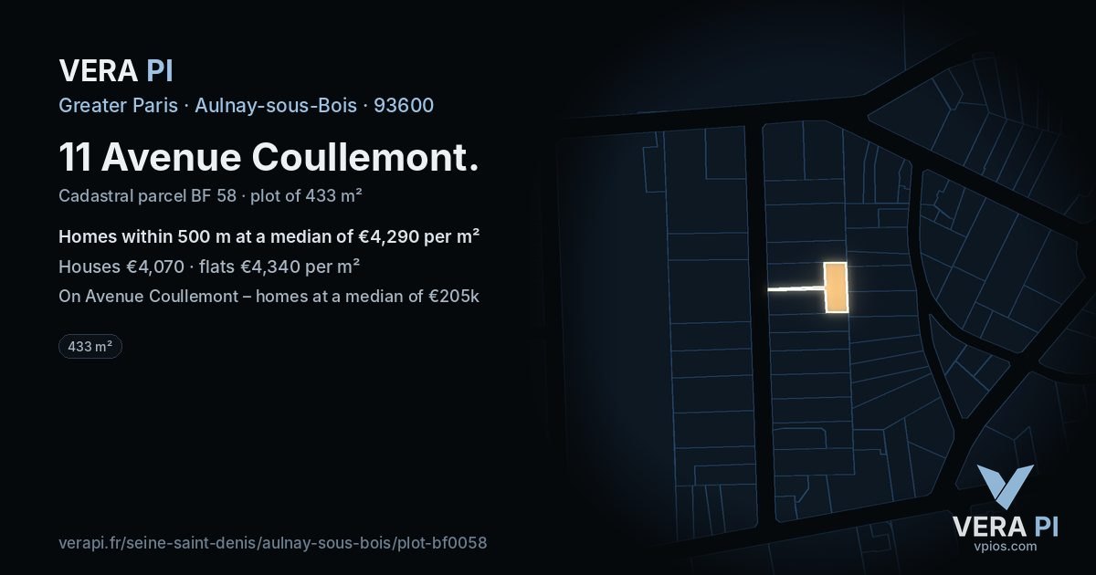 11 Avenue Coullemont, Aulnay-sous-Bois at night – the plot lit, the parcels around coloured by the prices near them