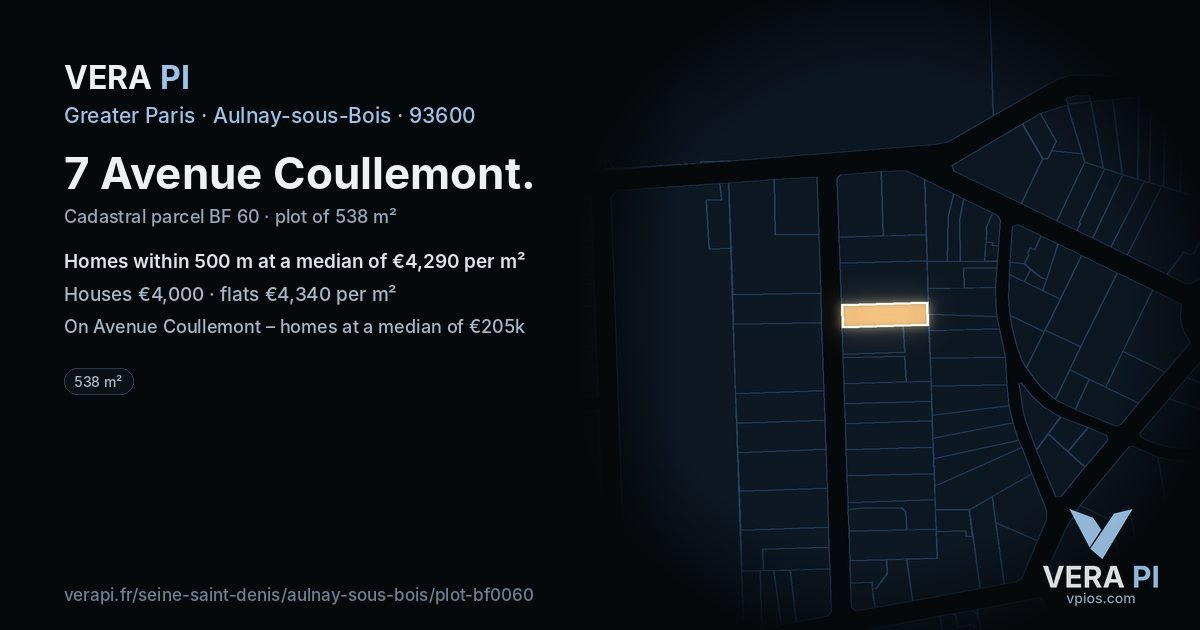 7 Avenue Coullemont, Aulnay-sous-Bois at night – the plot lit, the parcels around coloured by the prices near them