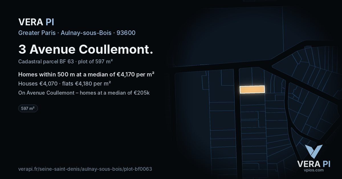 3 Avenue Coullemont, Aulnay-sous-Bois at night – the plot lit, the parcels around coloured by the prices near them