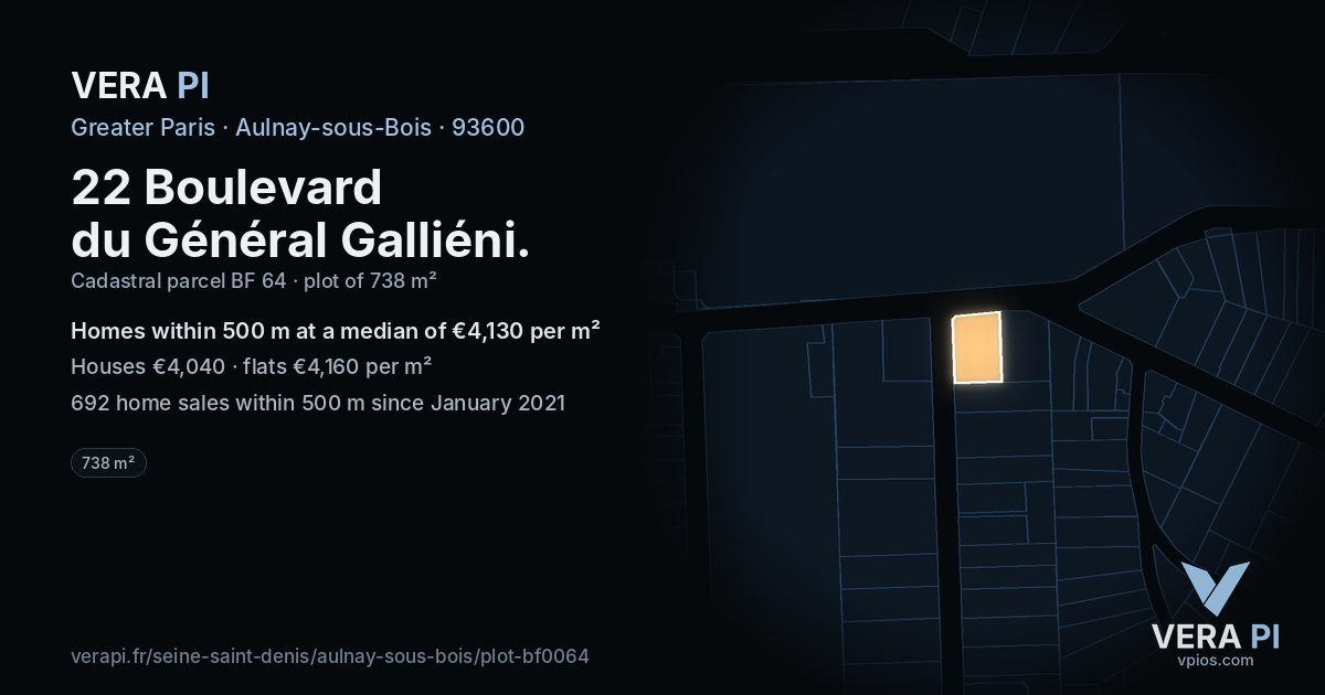 22 Boulevard du Général Galliéni, Aulnay-sous-Bois at night – the plot lit, the parcels around coloured by the prices near them