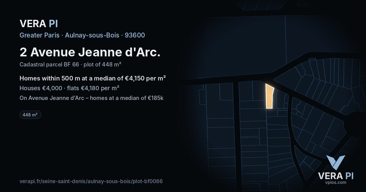 2 Avenue Jeanne d'Arc, Aulnay-sous-Bois at night – the plot lit, the parcels around coloured by the prices near them