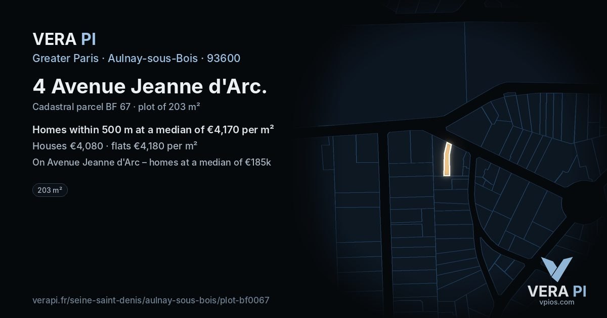 4 Avenue Jeanne d'Arc, Aulnay-sous-Bois at night – the plot lit, the parcels around coloured by the prices near them
