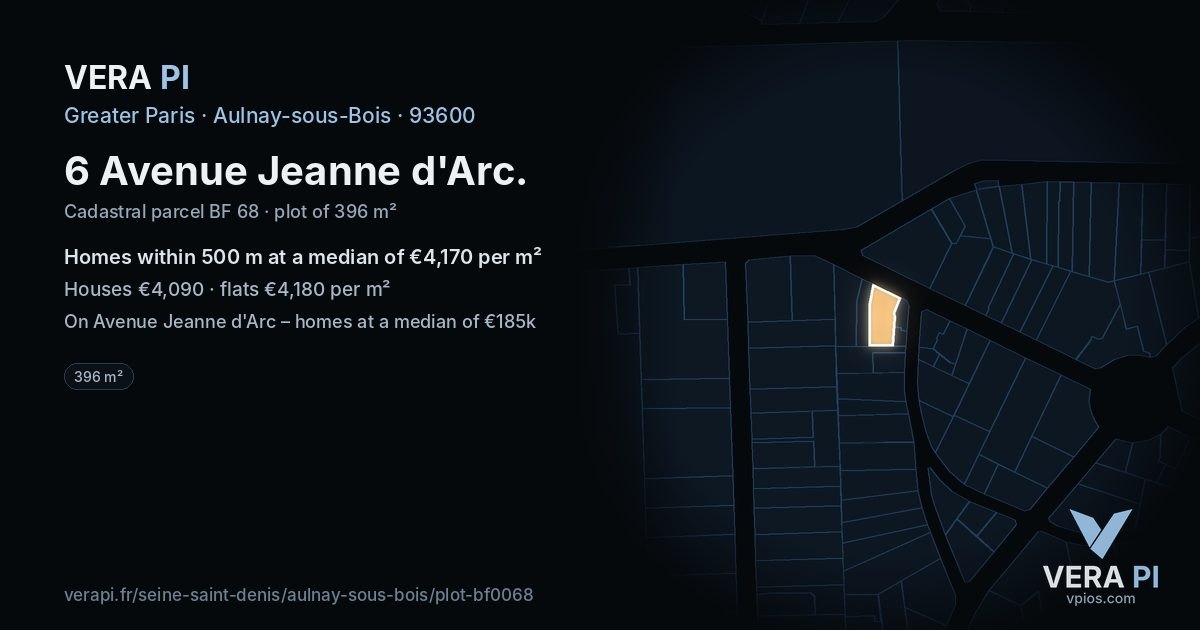 6 Avenue Jeanne d'Arc, Aulnay-sous-Bois at night – the plot lit, the parcels around coloured by the prices near them