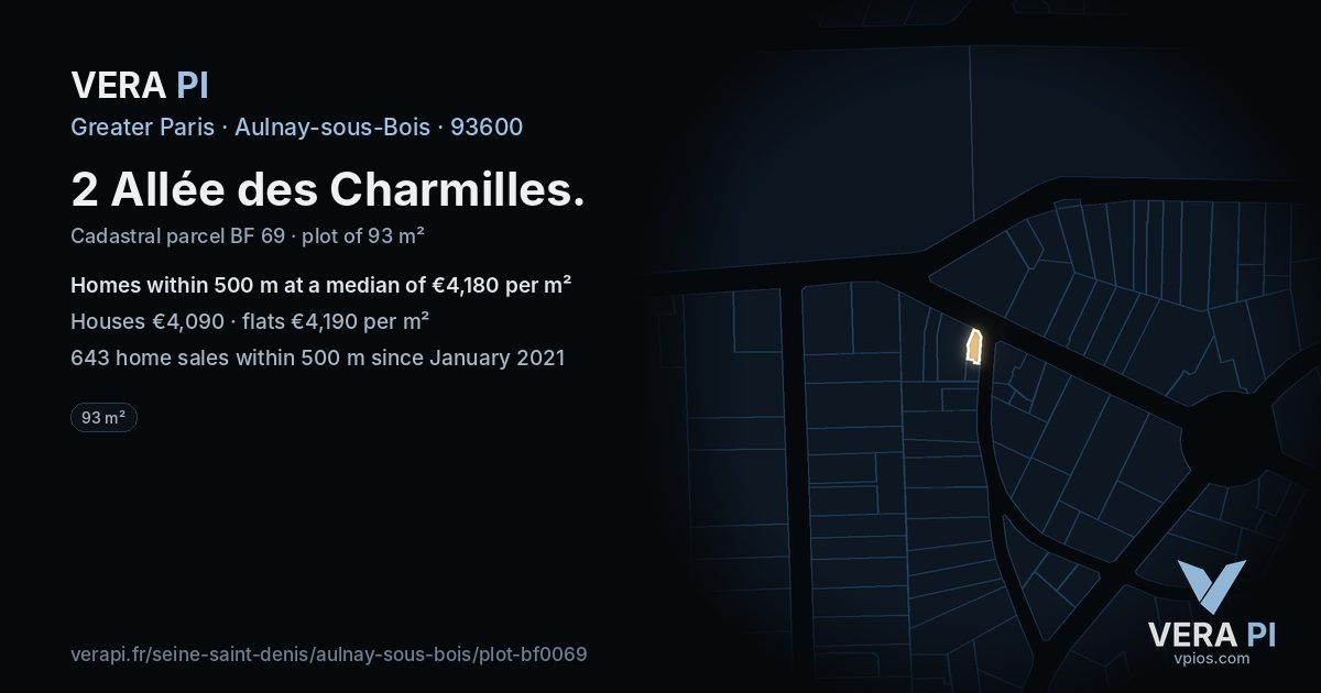 2 Allée des Charmilles, Aulnay-sous-Bois at night – the plot lit, the parcels around coloured by the prices near them