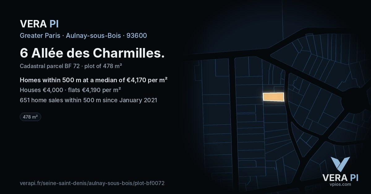 6 Allée des Charmilles, Aulnay-sous-Bois at night – the plot lit, the parcels around coloured by the prices near them