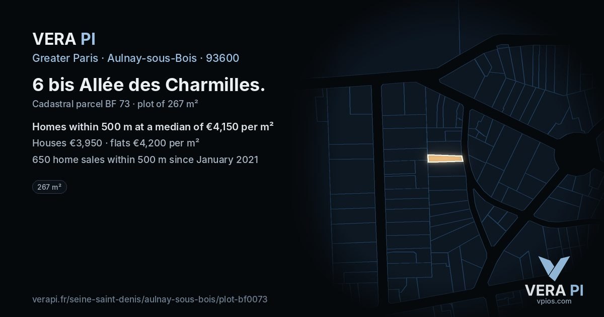 6 bis Allée des Charmilles, Aulnay-sous-Bois at night – the plot lit, the parcels around coloured by the prices near them