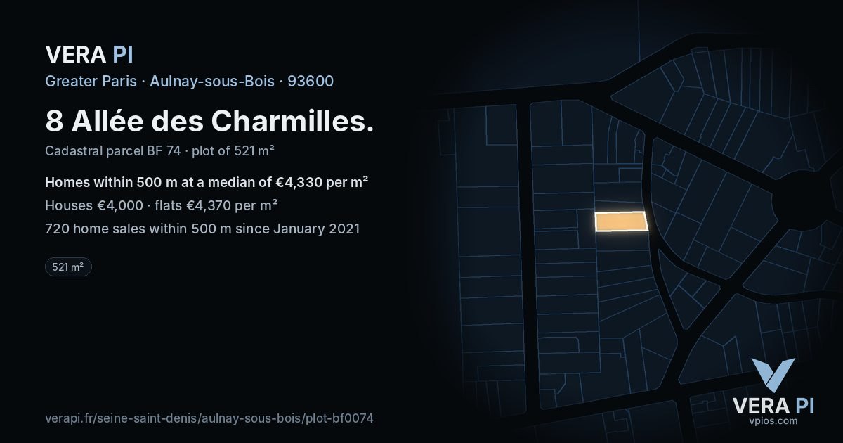 8 Allée des Charmilles, Aulnay-sous-Bois at night – the plot lit, the parcels around coloured by the prices near them