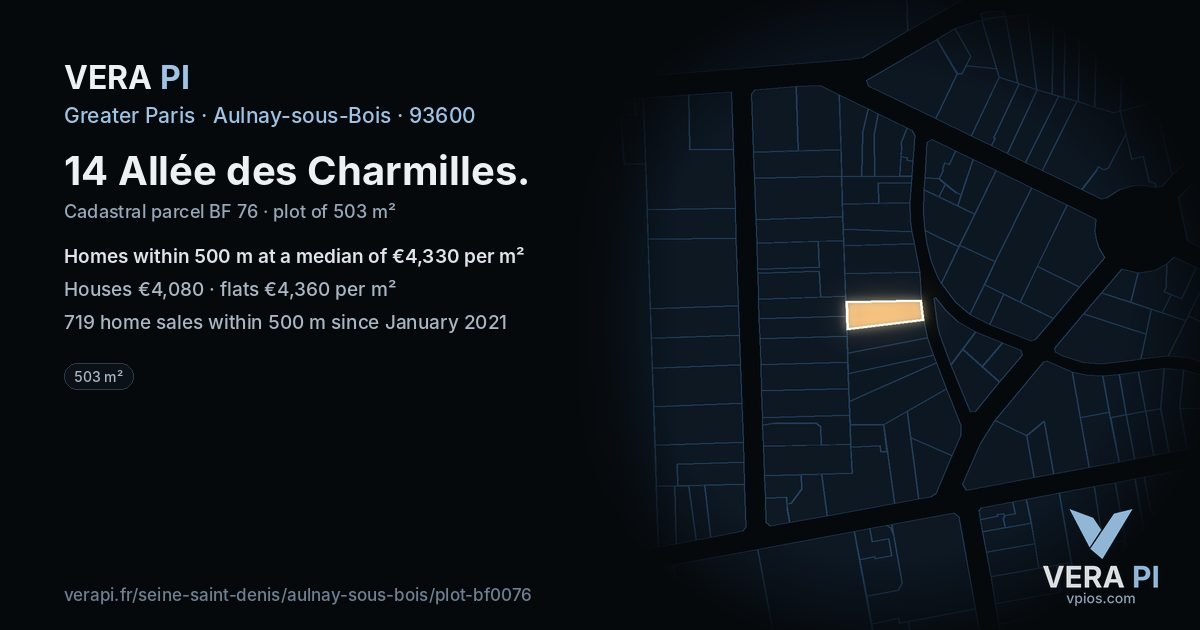 14 Allée des Charmilles, Aulnay-sous-Bois at night – the plot lit, the parcels around coloured by the prices near them