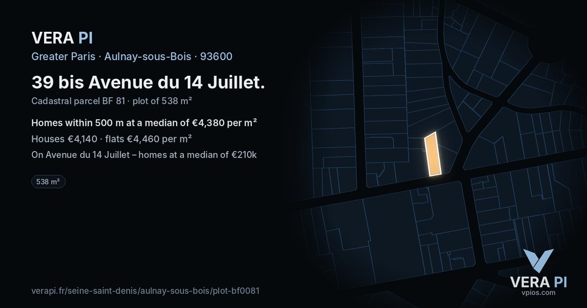 39 bis Avenue du 14 Juillet, Aulnay-sous-Bois at night – the plot lit, the parcels around coloured by the prices near them