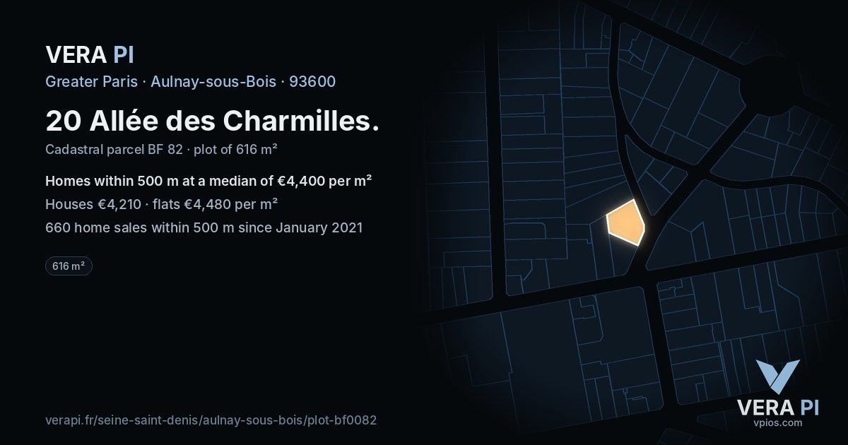 20 Allée des Charmilles, Aulnay-sous-Bois at night – the plot lit, the parcels around coloured by the prices near them