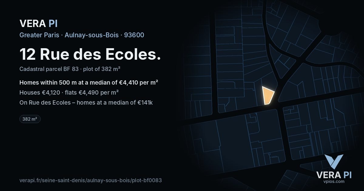 12 Rue des Ecoles, Aulnay-sous-Bois at night – the plot lit, the parcels around coloured by the prices near them