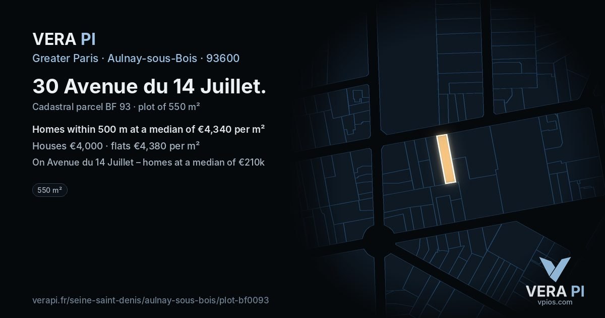 30 Avenue du 14 Juillet, Aulnay-sous-Bois at night – the plot lit, the parcels around coloured by the prices near them