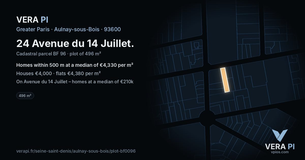 24 Avenue du 14 Juillet, Aulnay-sous-Bois at night – the plot lit, the parcels around coloured by the prices near them