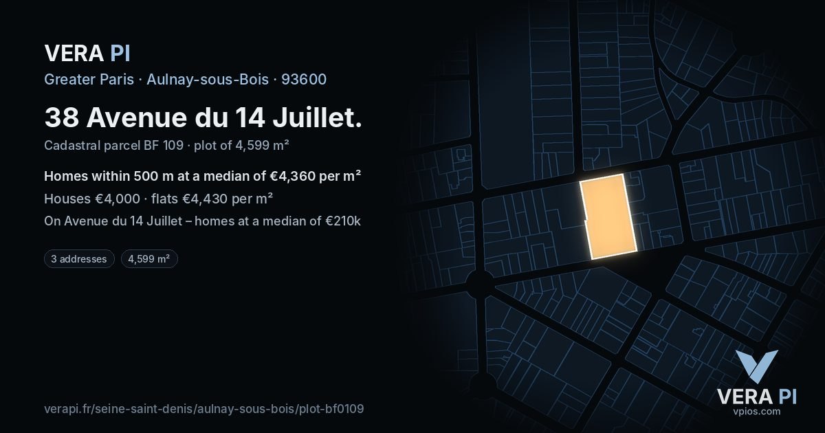 38 Avenue du 14 Juillet, Aulnay-sous-Bois at night – the plot lit, the parcels around coloured by the prices near them