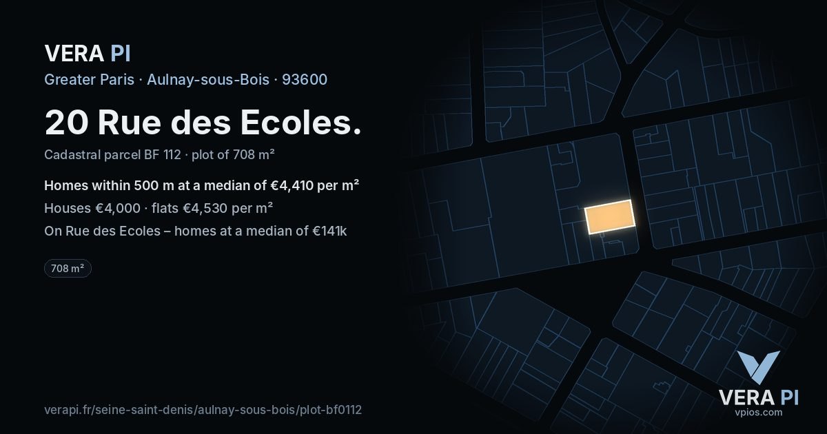 20 Rue des Ecoles, Aulnay-sous-Bois at night – the plot lit, the parcels around coloured by the prices near them