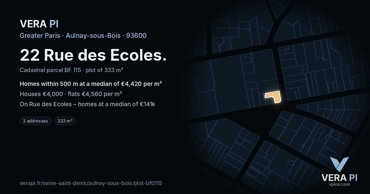 22 Rue des Ecoles, Aulnay-sous-Bois at night – the plot lit, the parcels around coloured by the prices near them