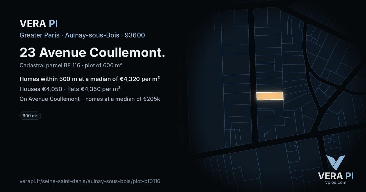 23 Avenue Coullemont, Aulnay-sous-Bois at night – the plot lit, the parcels around coloured by the prices near them