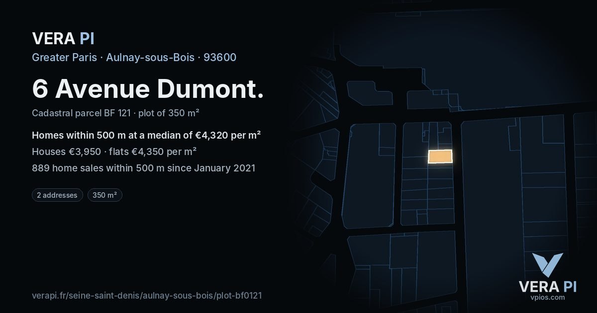 6 Avenue Dumont, Aulnay-sous-Bois at night – the plot lit, the parcels around coloured by the prices near them