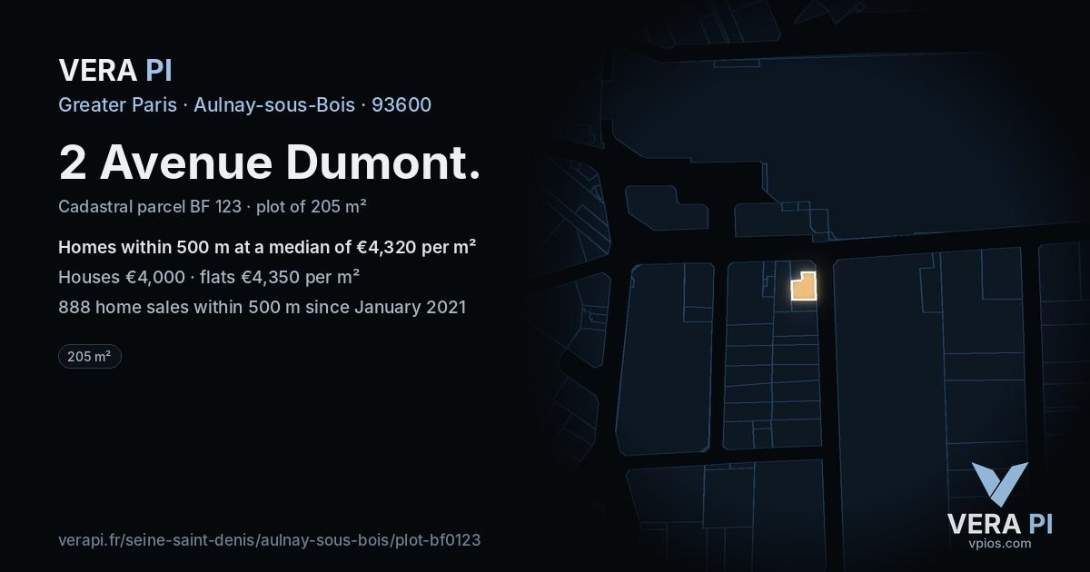 2 Avenue Dumont, Aulnay-sous-Bois at night – the plot lit, the parcels around coloured by the prices near them