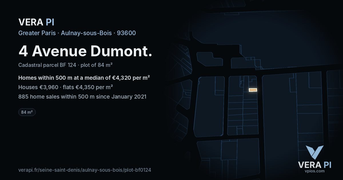 4 Avenue Dumont, Aulnay-sous-Bois at night – the plot lit, the parcels around coloured by the prices near them