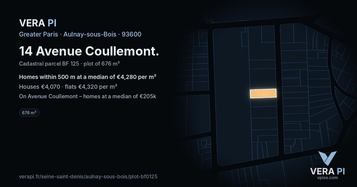 14 Avenue Coullemont, Aulnay-sous-Bois at night – the plot lit, the parcels around coloured by the prices near them