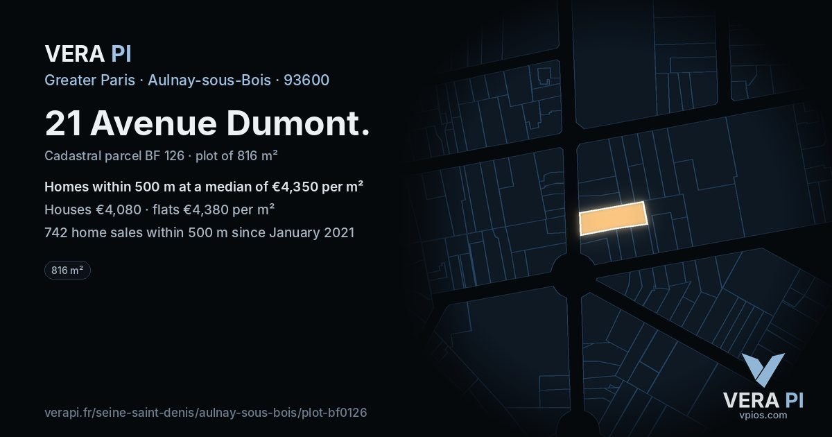 21 Avenue Dumont, Aulnay-sous-Bois at night – the plot lit, the parcels around coloured by the prices near them