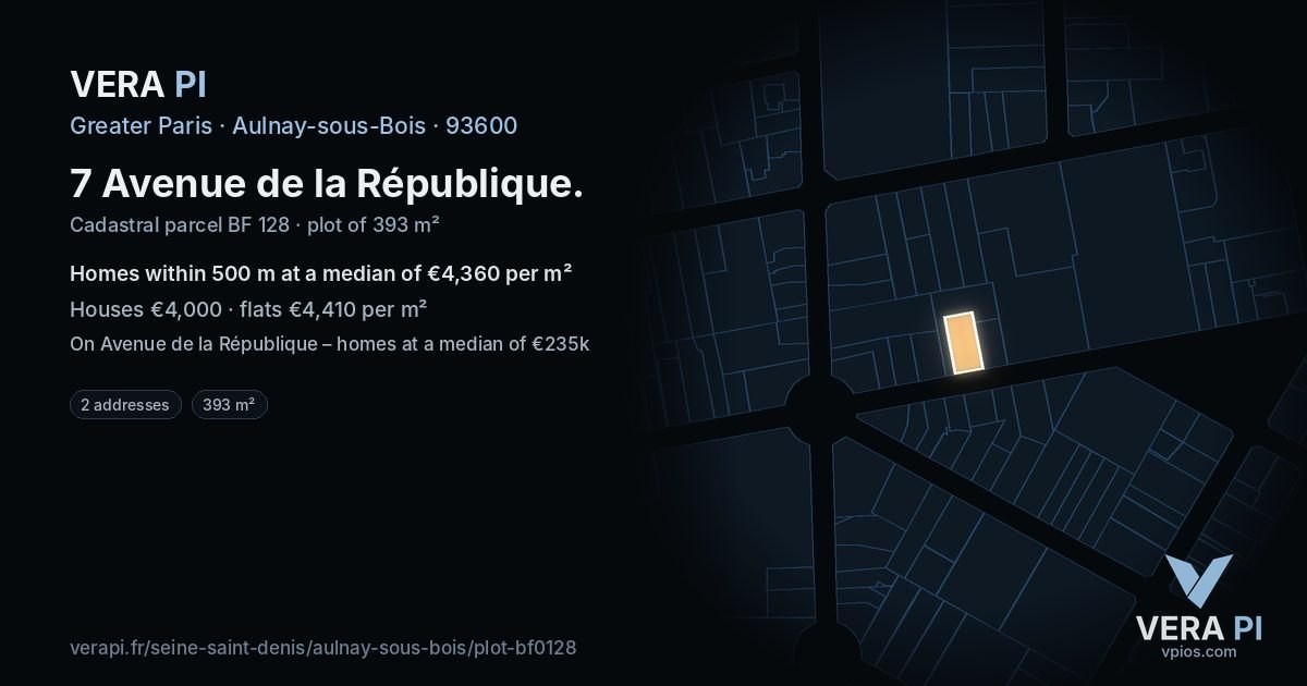 7 Avenue de la République, Aulnay-sous-Bois at night – the plot lit, the parcels around coloured by the prices near them