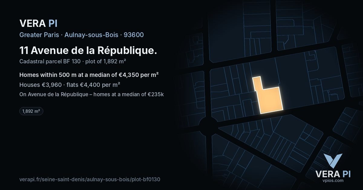 11 Avenue de la République, Aulnay-sous-Bois at night – the plot lit, the parcels around coloured by the prices near them