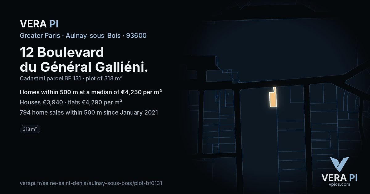 12 Boulevard du Général Galliéni, Aulnay-sous-Bois at night – the plot lit, the parcels around coloured by the prices near them