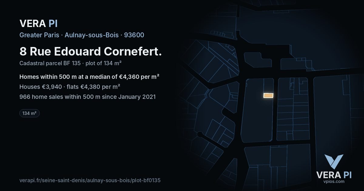 8 Rue Edouard Cornefert, Aulnay-sous-Bois at night – the plot lit, the parcels around coloured by the prices near them