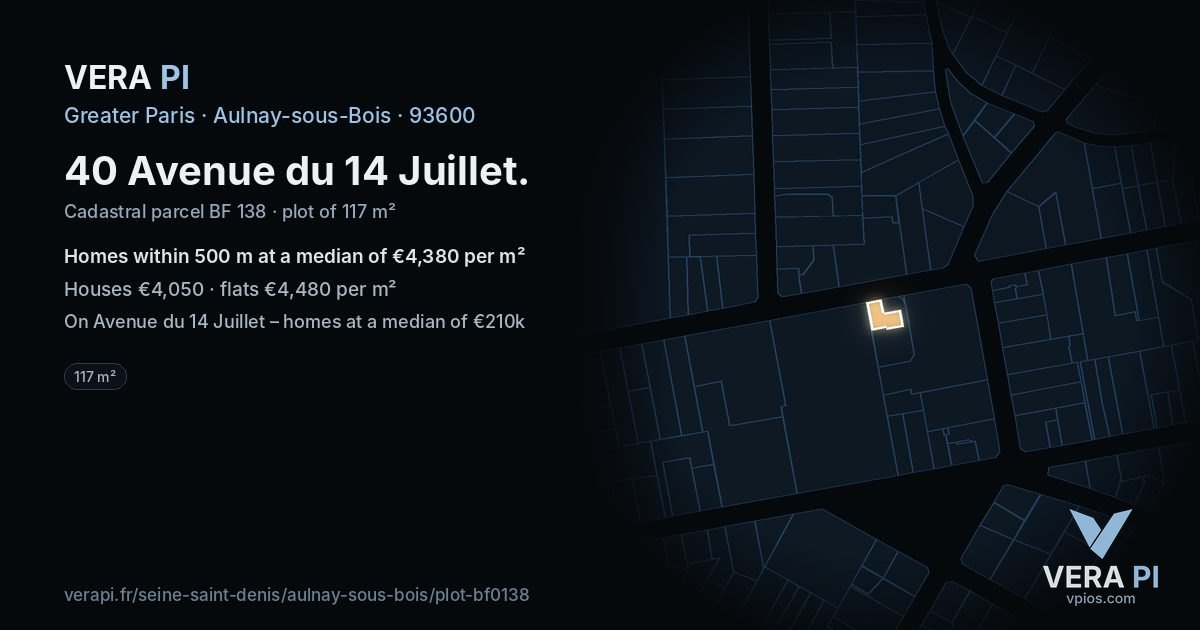 40 Avenue du 14 Juillet, Aulnay-sous-Bois at night – the plot lit, the parcels around coloured by the prices near them