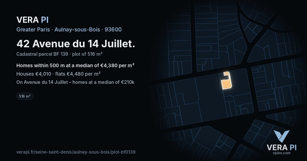 42 Avenue du 14 Juillet, Aulnay-sous-Bois at night – the plot lit, the parcels around coloured by the prices near them