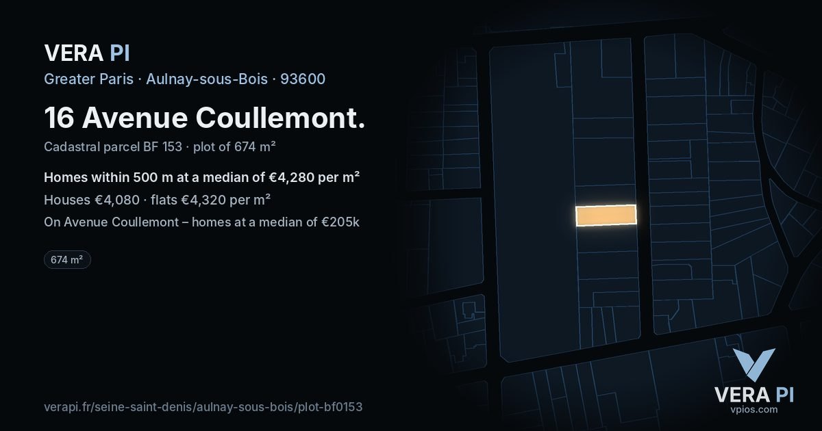 16 Avenue Coullemont, Aulnay-sous-Bois at night – the plot lit, the parcels around coloured by the prices near them