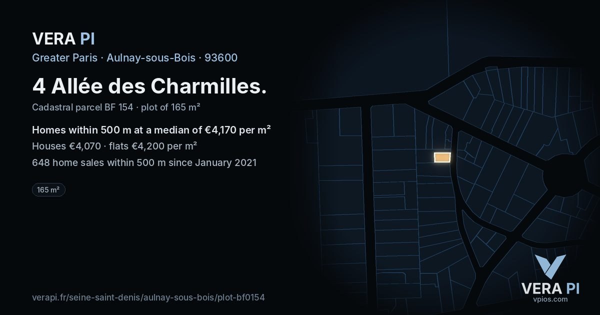 4 Allée des Charmilles, Aulnay-sous-Bois at night – the plot lit, the parcels around coloured by the prices near them