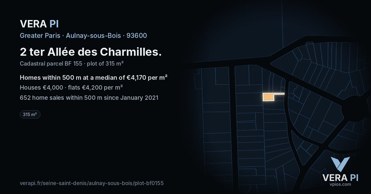 2 ter Allée des Charmilles, Aulnay-sous-Bois at night – the plot lit, the parcels around coloured by the prices near them