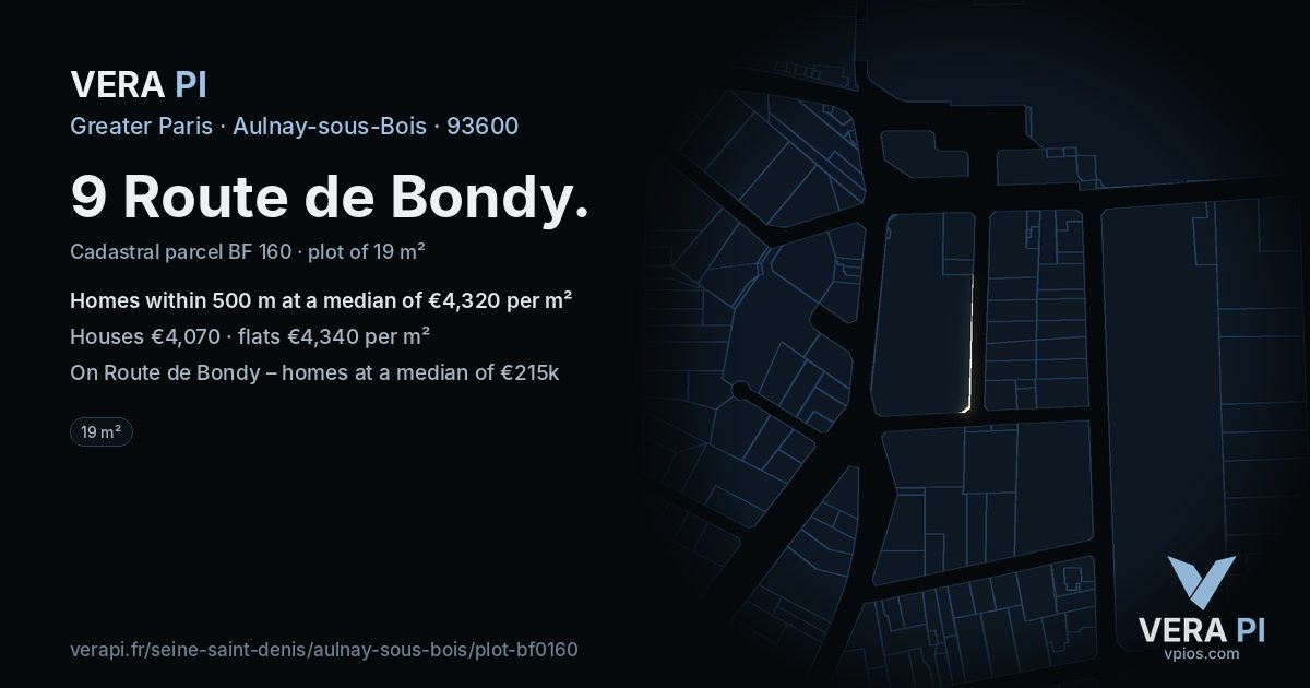 9 Route de Bondy, Aulnay-sous-Bois at night – the plot lit, the parcels around coloured by the prices near them