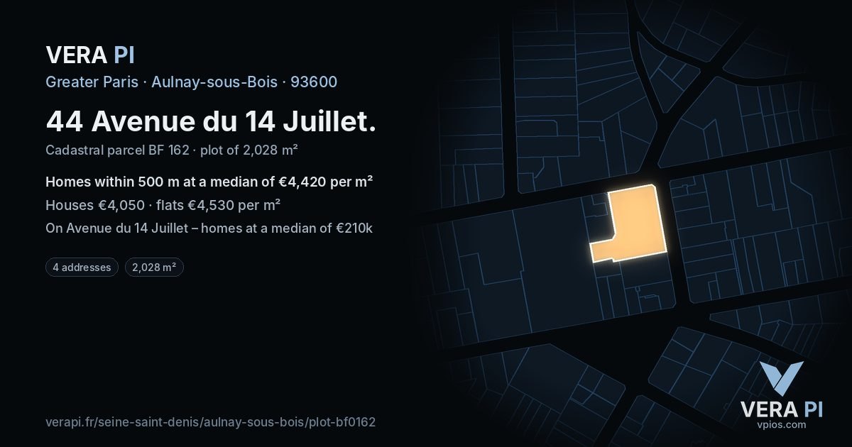 44 Avenue du 14 Juillet, Aulnay-sous-Bois at night – the plot lit, the parcels around coloured by the prices near them