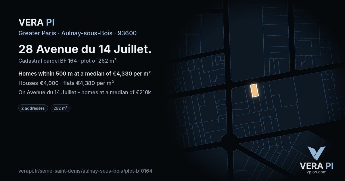 28 Avenue du 14 Juillet, Aulnay-sous-Bois at night – the plot lit, the parcels around coloured by the prices near them