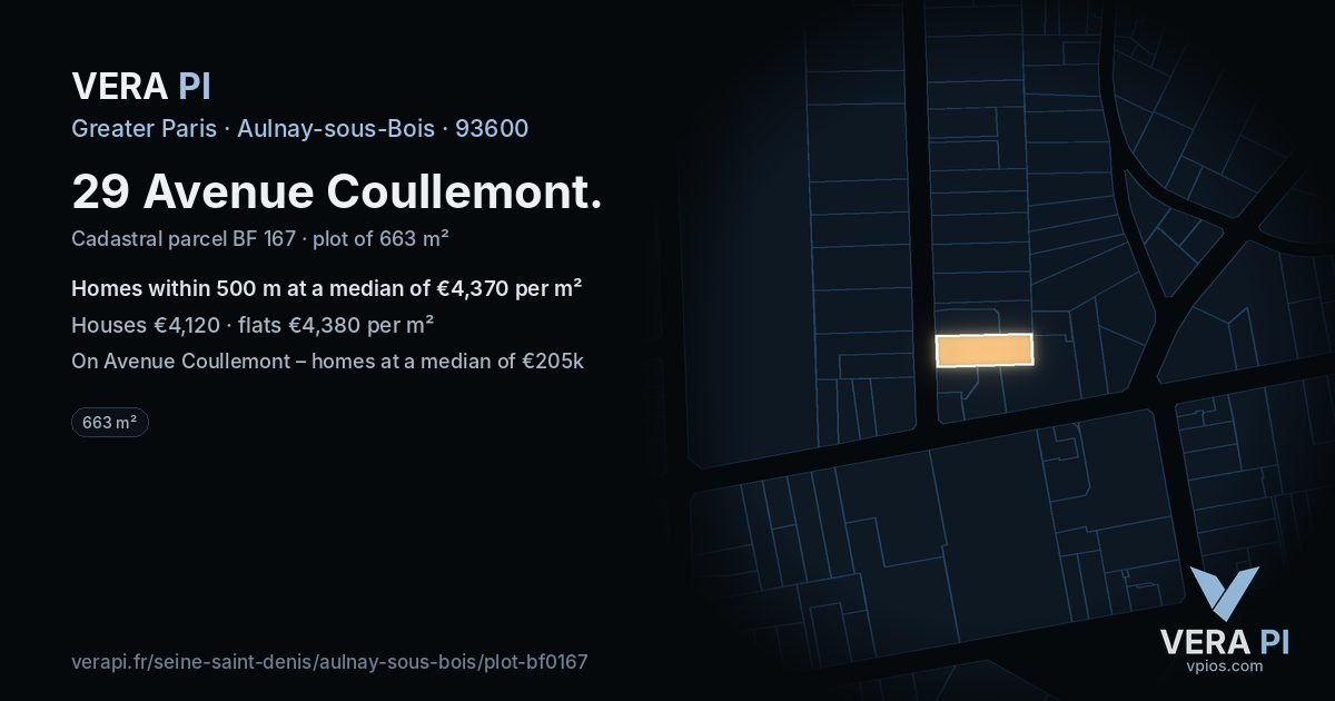 29 Avenue Coullemont, Aulnay-sous-Bois at night – the plot lit, the parcels around coloured by the prices near them