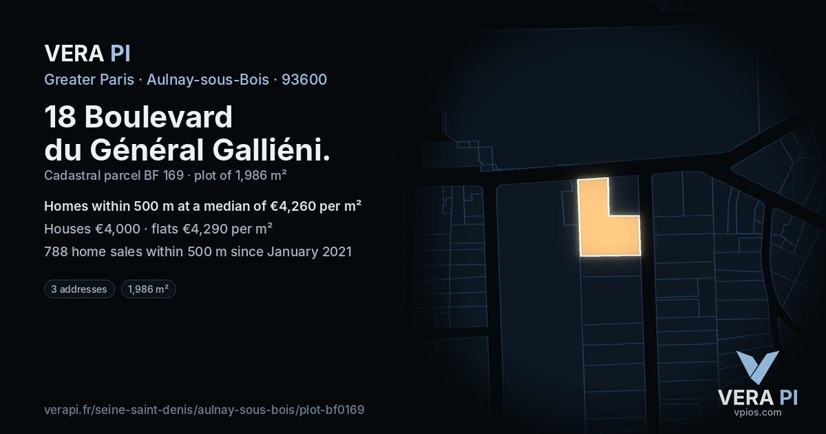18 Boulevard du Général Galliéni, Aulnay-sous-Bois at night – the plot lit, the parcels around coloured by the prices near them