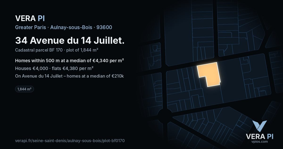 34 Avenue du 14 Juillet, Aulnay-sous-Bois at night – the plot lit, the parcels around coloured by the prices near them