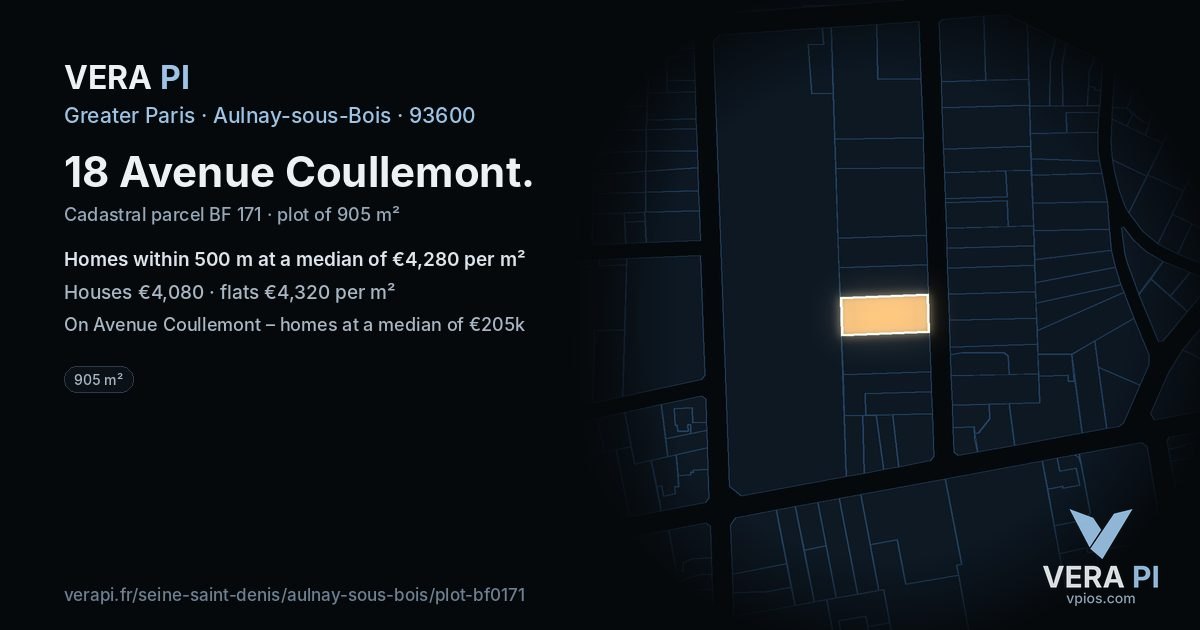 18 Avenue Coullemont, Aulnay-sous-Bois at night – the plot lit, the parcels around coloured by the prices near them