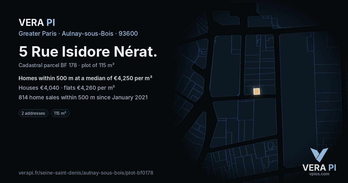 5 Rue Isidore Nérat, Aulnay-sous-Bois at night – the plot lit, the parcels around coloured by the prices near them