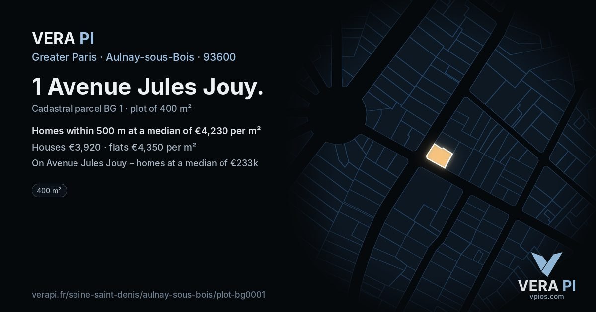 1 Avenue Jules Jouy, Aulnay-sous-Bois at night – the plot lit, the parcels around coloured by the prices near them